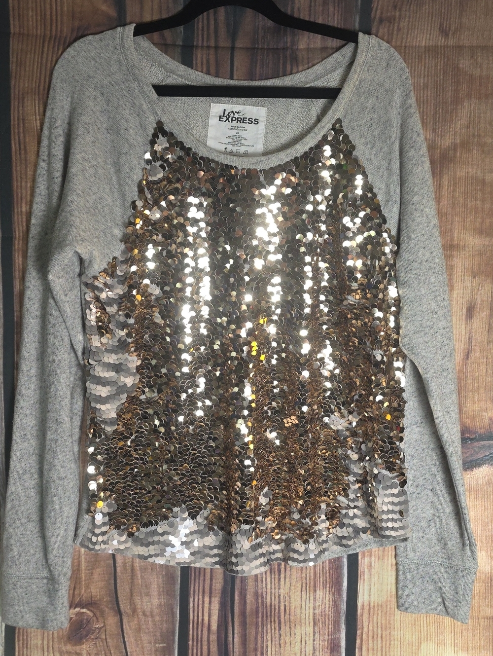 Express Gray Sweatshirt Large with Gold Sequin Front